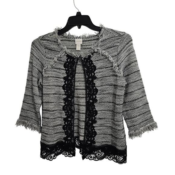 Chico's Sweaters - Chicos Tweed Lace and Fringe Cardigan. 3/4 Sleeves. Size M